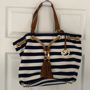 Michael Kors canvas tote- navy blue and white stripe